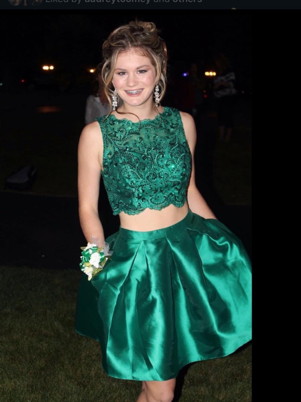 Alyce Paris Emerald Green Lace Crop Top & Satin Mini Skirt
